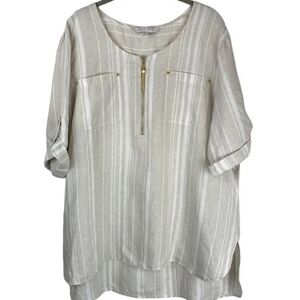 Ellen Tracy Striped Beige and White Linen Blouse with Zipper Medium